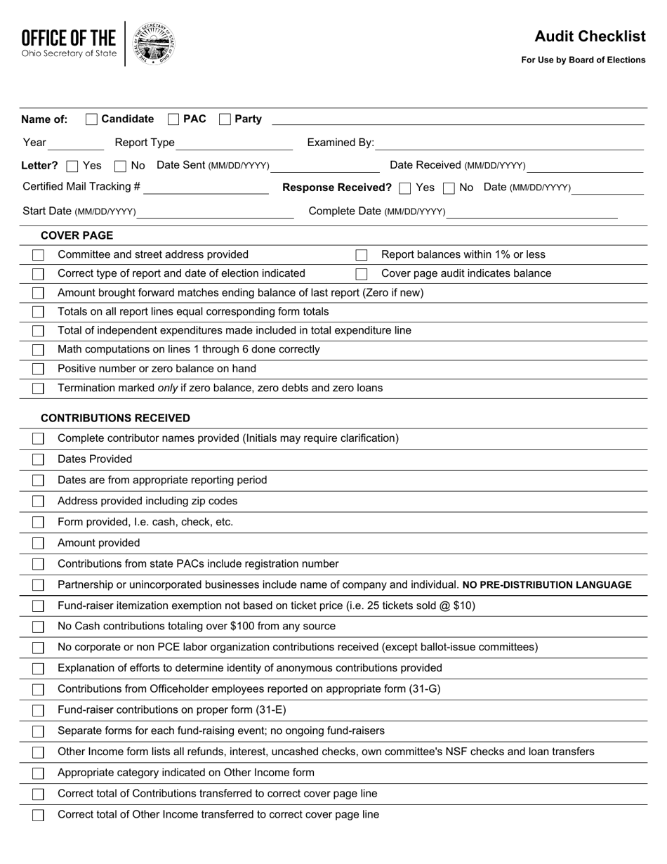Audit Checklist for Use by Board of Elections - Ohio, Page 1