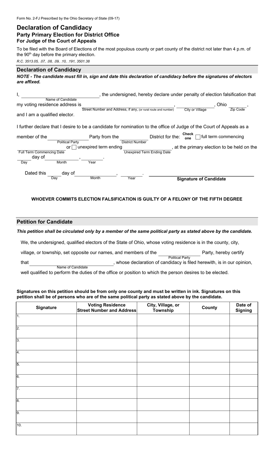 Form 2-FJ Declaration of Candidacy - Party Primary Election for District Office for Judge of the Court of Appeals - Ohio, Page 1