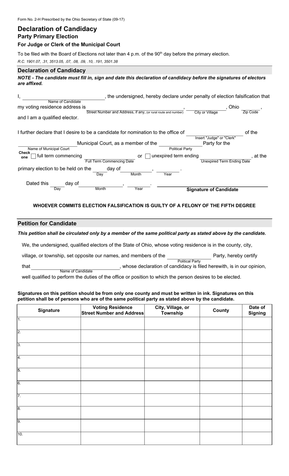 Form 2-H Declaration of Candidacy - Party Primary Election for Judge or Clerk of the Municipal Court - Ohio, Page 1