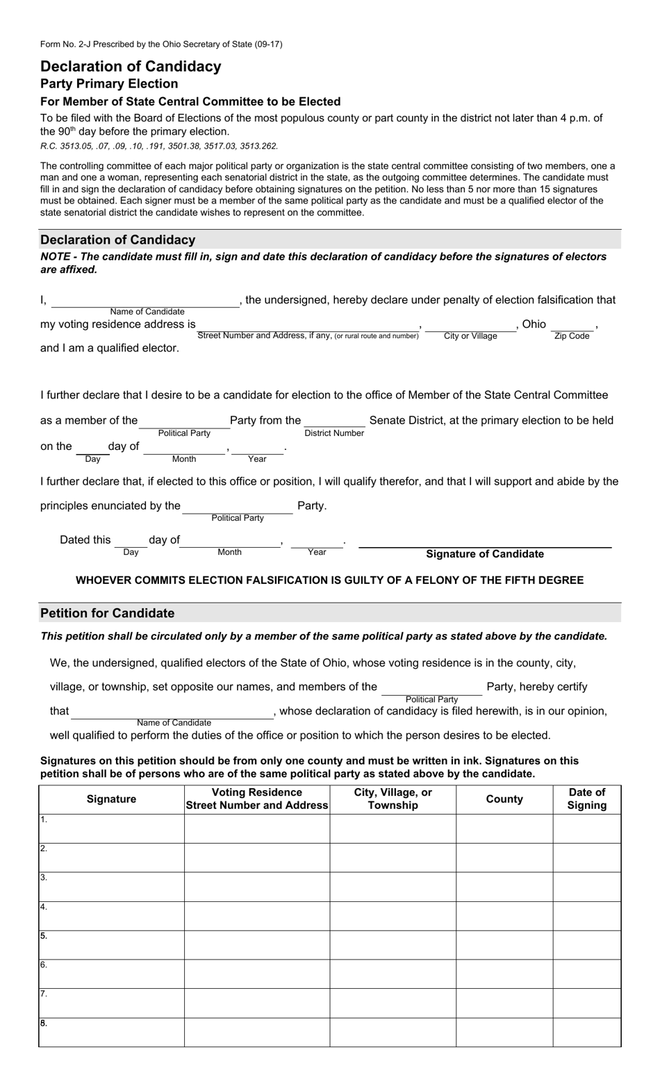 Form 2-J Declaration of Candidacy - State Central Committee to Be Elected at Party Primary Election - Ohio, Page 1