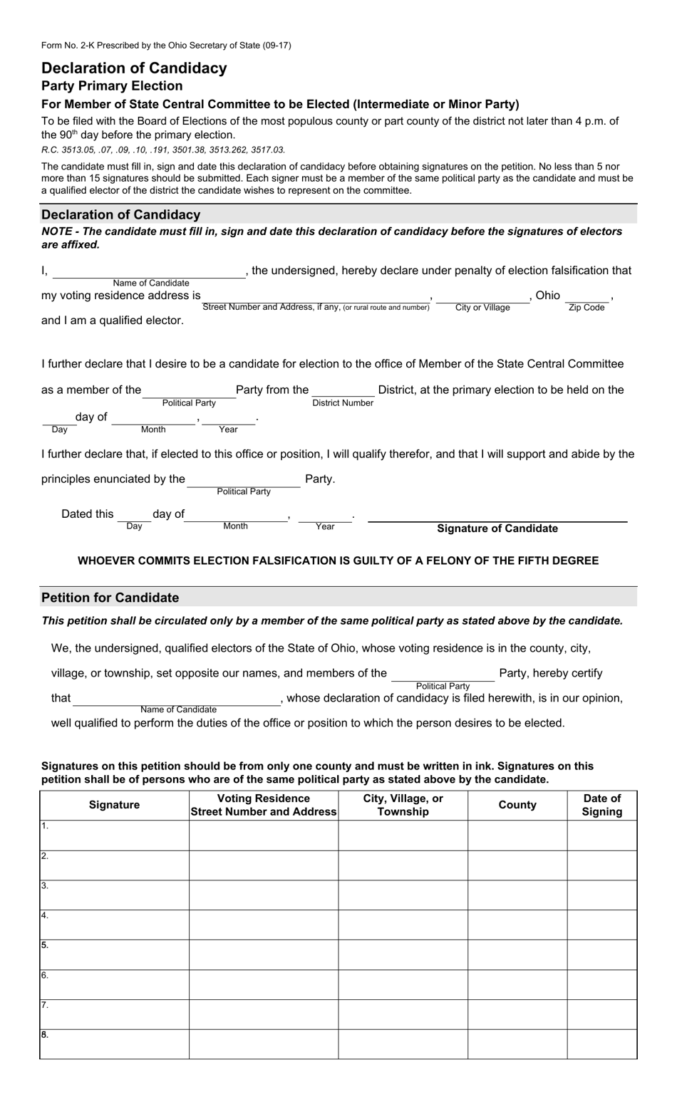 Form 2-K Declaration of Candidacy - State Central Committee to Be Elected at Party Primary Election (Intermediate Party) - Ohio, Page 1
