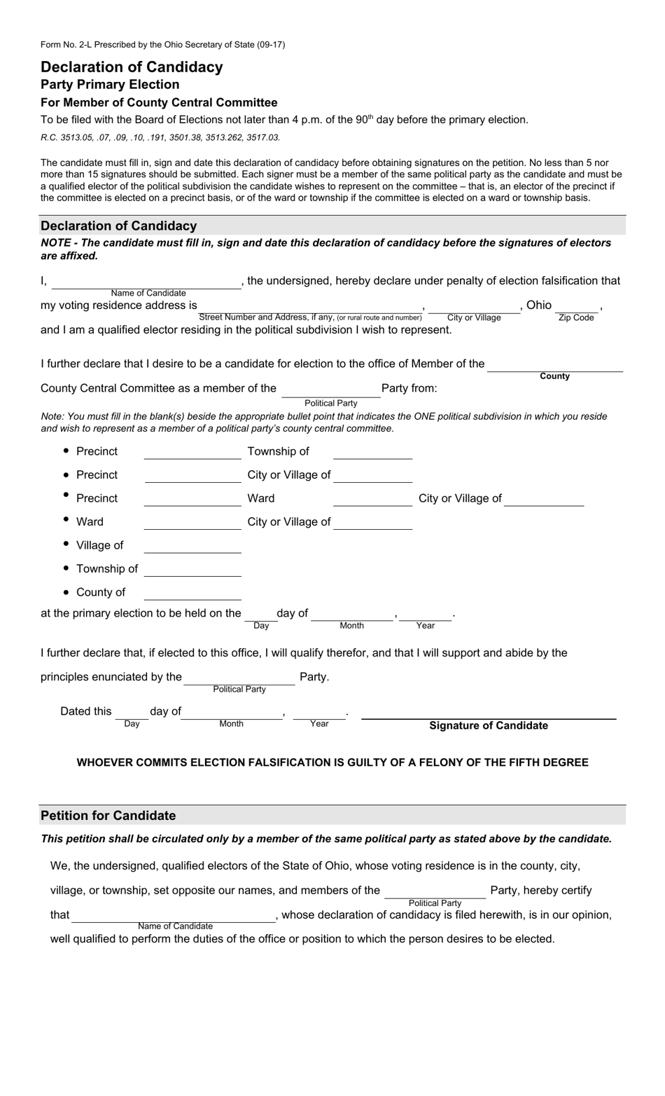 Form 2-L Declaration of Candidacy - Party Primary - County Central Committee - Ohio, Page 1