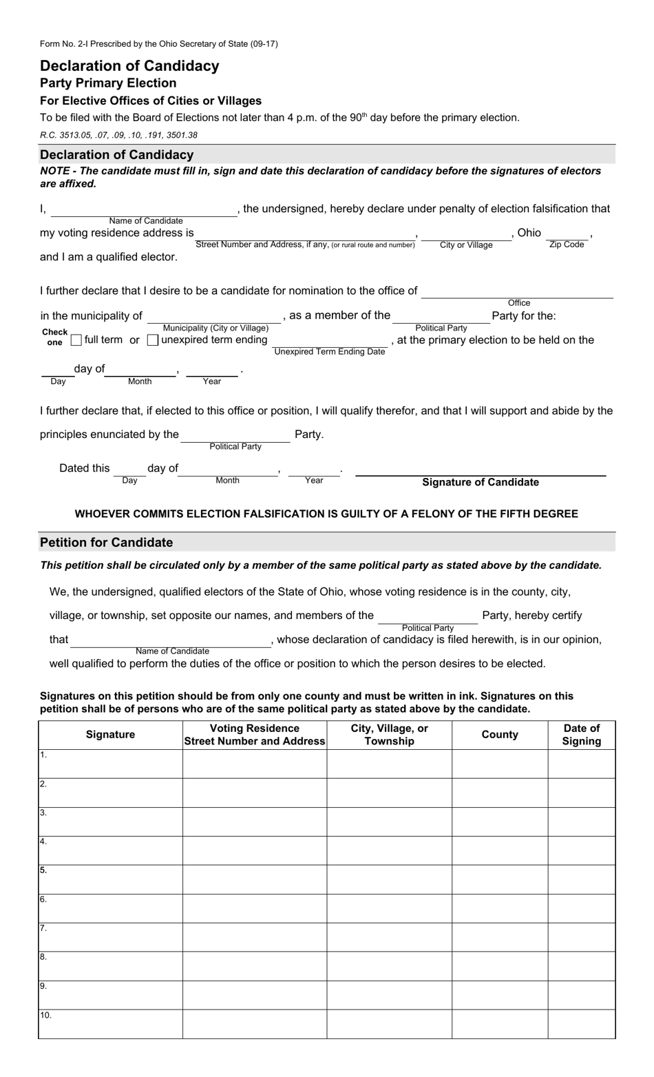 Form 2-I Declaration of Candidacy - Party Primary Election for Elective Offices of Cities or Villages - Ohio, Page 1