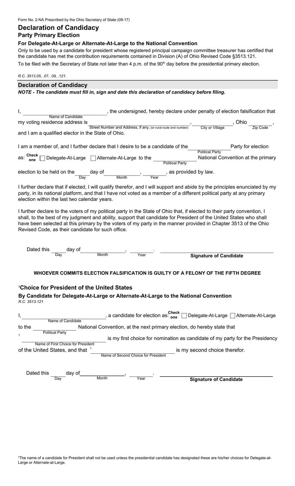 Form 2-NA Declaration of Candidacy - Party Primary Election for Delegate-At-Large or Alternate-At-Large to the National Convention - Ohio, Page 1
