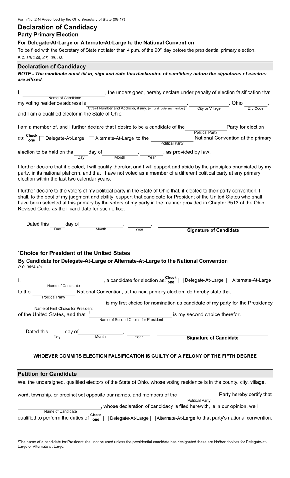 Form 2-N Declaration of Candidacy - Party Primary - at-Large Delegate / Alternate to the National Convention (Traditional) - Ohio, Page 1