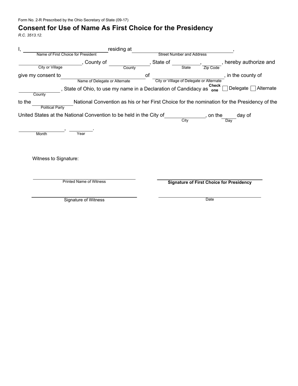 Form 2-R Consent for Use of Name as First Choice for the Presidency - Ohio, Page 1