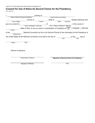 Document preview: Form 2-S Consent for Use of Name as Second Choice for the Presidency - Ohio