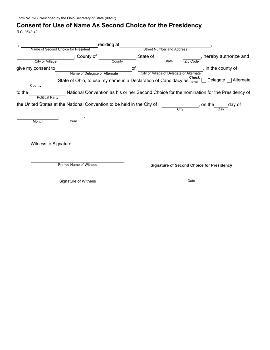 Form 2-S Consent for Use of Name as Second Choice for the Presidency - Ohio, Page 1