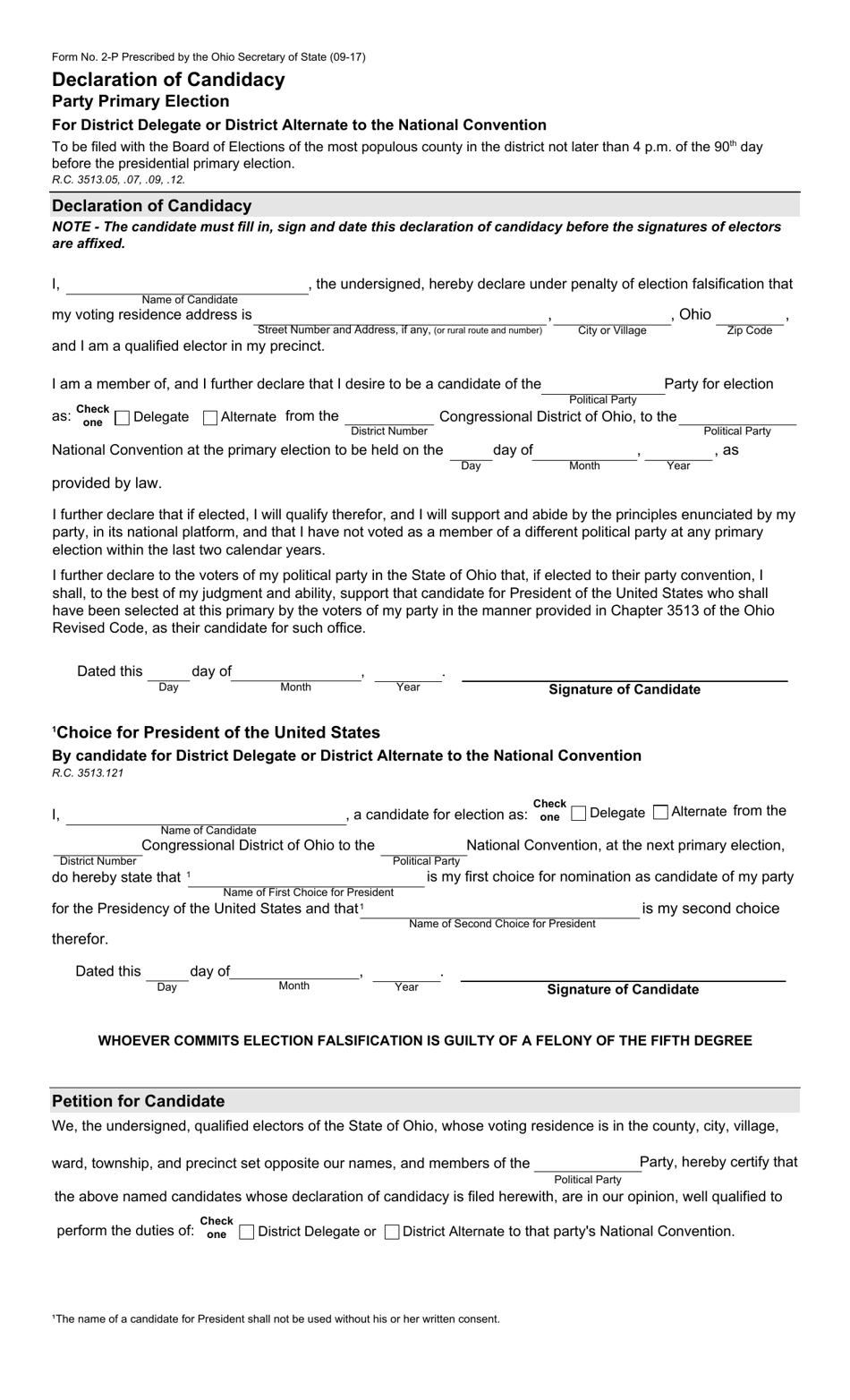 Form 2-P Declaration of Candidacy for District Delegate or District Alternate to the National Convention - Party Primary Election - Ohio, Page 1