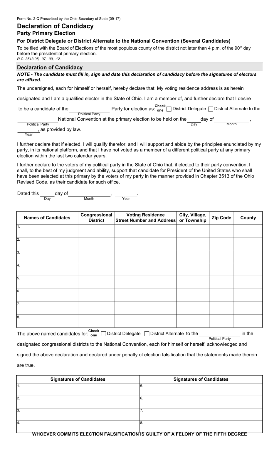 Form 2-Q Declaration of Candidacy for District Delegate or District Alternate to the National Convention (Several Candidates) - Party Primary Election - Ohio, Page 1