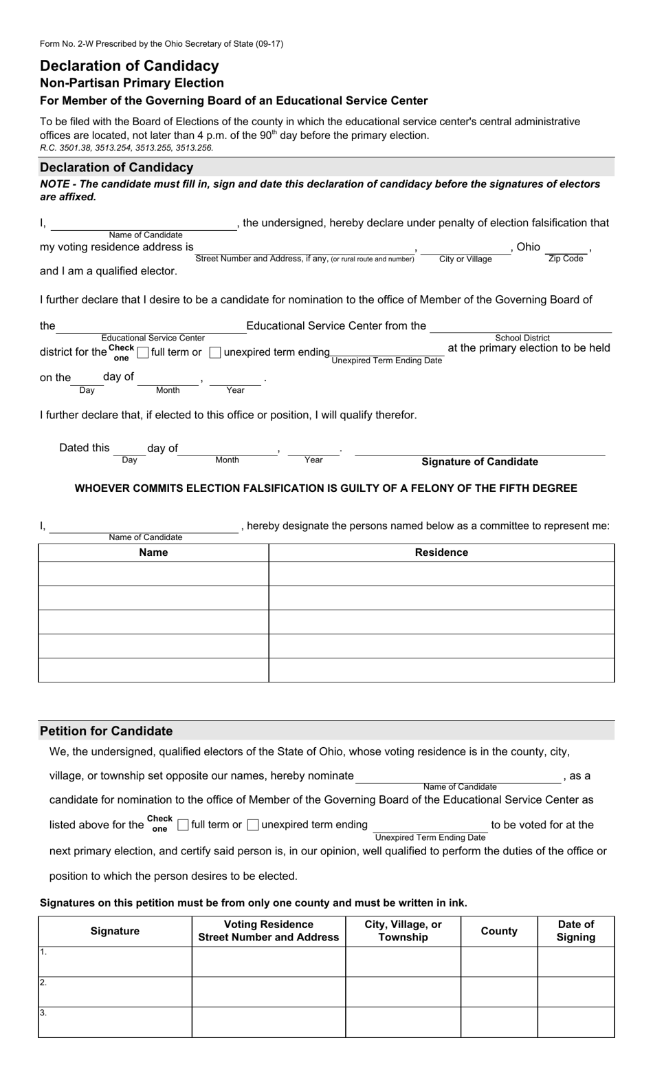 Form 2-W Declaration of Candidacy for Member of the Governing Board of an Educational Service Center - Non-partisan Primary Election - Ohio, Page 1