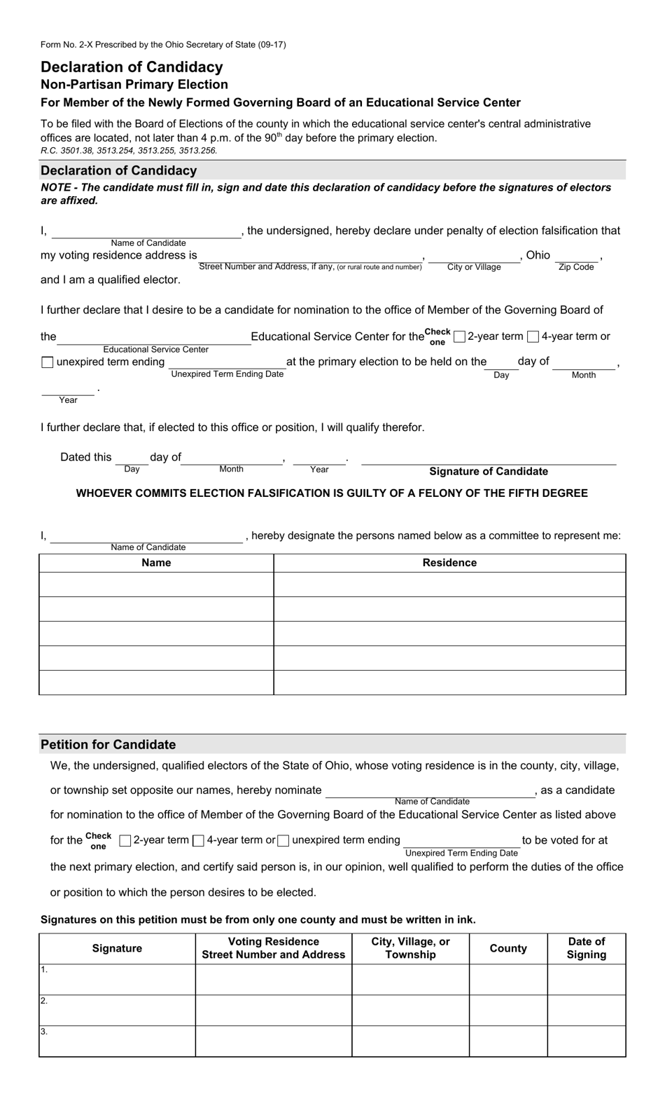 Form 2-X Declaration of Candidacy for Member of the Newly Formed Governing Board of an Educational Service Center - Non-partisan Primary Election - Ohio, Page 1