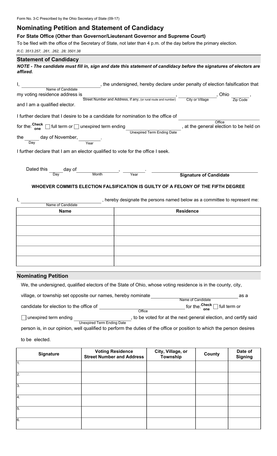 Form 3-C Nominating Petition and Statement of Candidacy for State Office (Other Than Governor / Lieutenant Governor and Supreme Court) - Ohio, Page 1