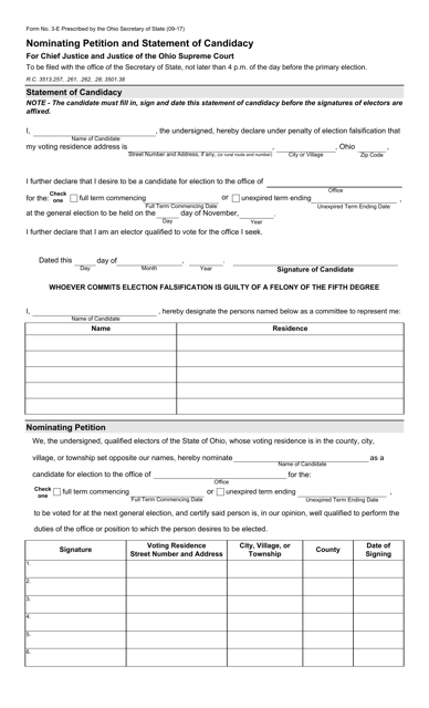 Form 3-E Nominating Petition and Statement of Candidacy for Chief Justice and Justice of the Ohio Supreme Court - Ohio