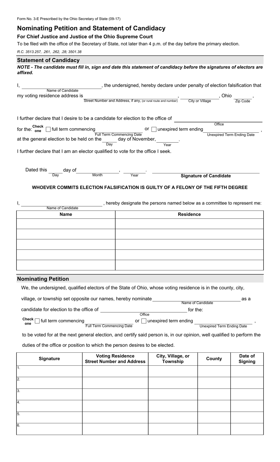 Form 3-E Nominating Petition and Statement of Candidacy for Chief Justice and Justice of the Ohio Supreme Court - Ohio, Page 1