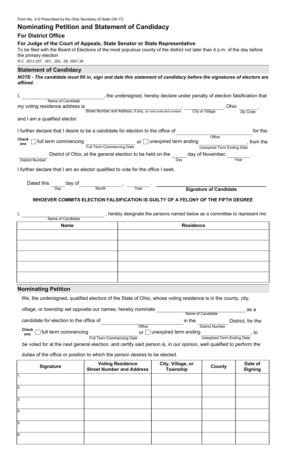 Form 3-G Nominating Petition and Statement of Candidacy for Judge of the Court of Appeals, State Senator or State Representative - District Office - Ohio, Page 1