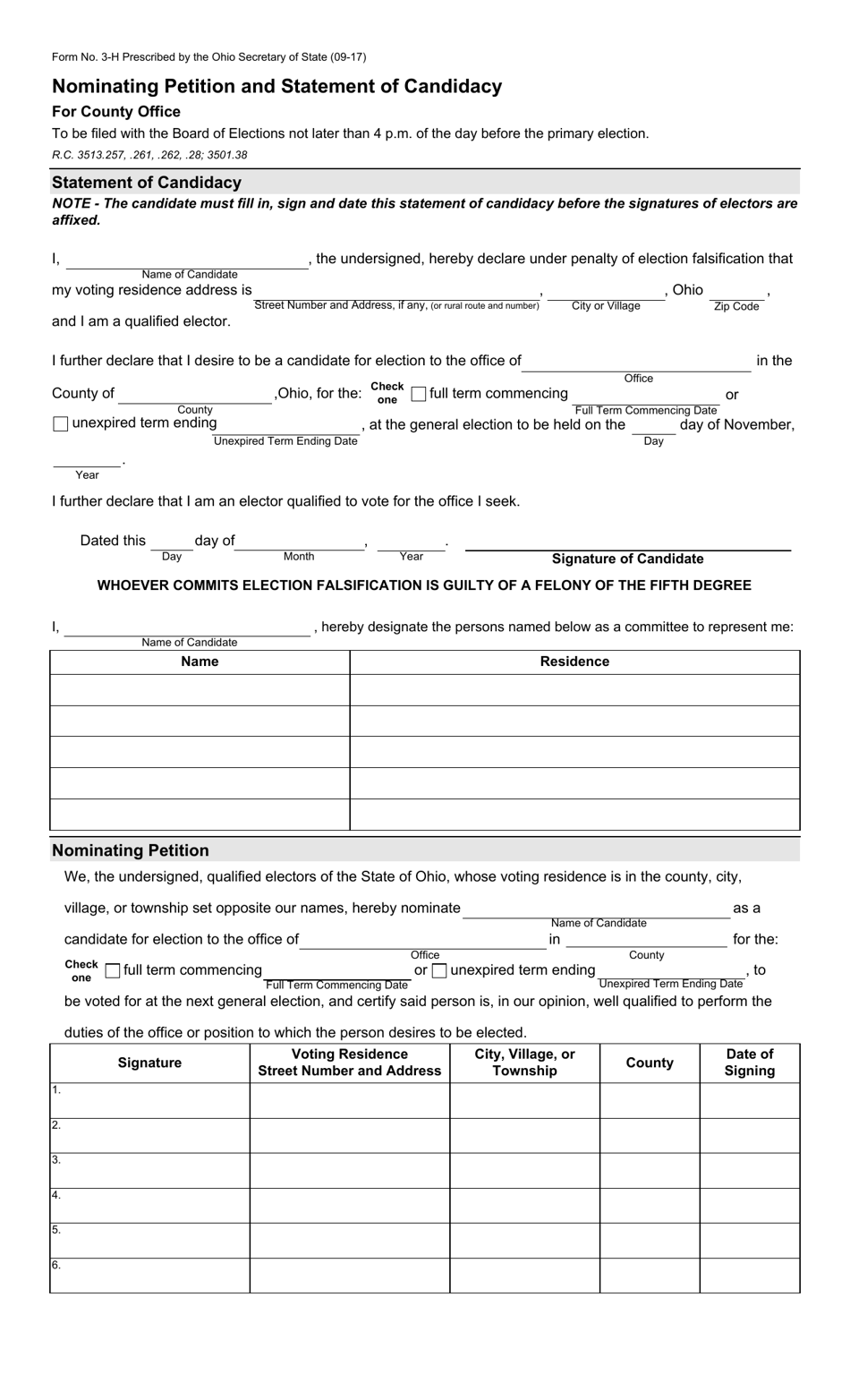 Form 3-H Nominating Petition and Statement of Candidacy for County Office - Ohio, Page 1