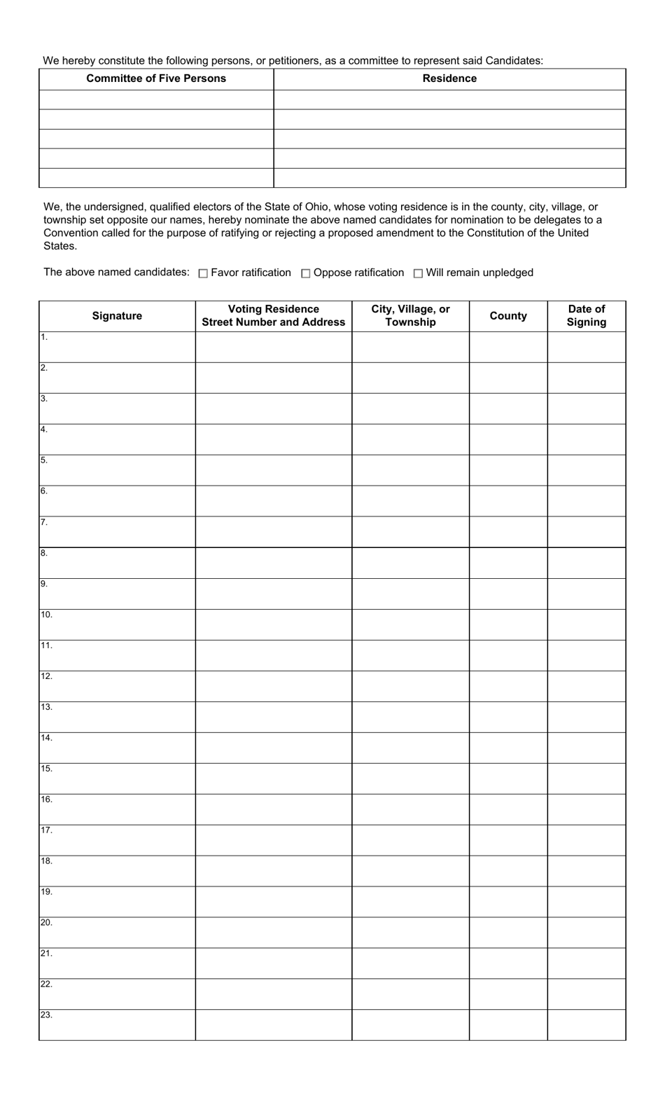 Form 3-AA Nominating Petition for Delegates to a Convention to Ratify or Reject Amendment to the Constitution of the United States - Ohio, Page 3