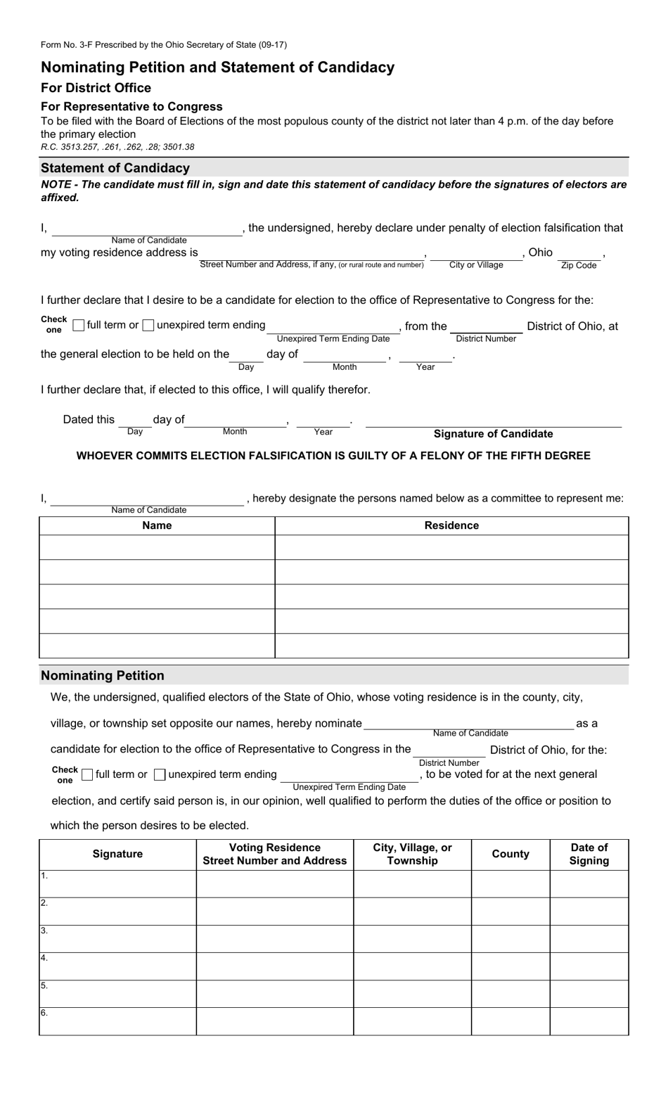 Form 3-F Nominating Petition - District Office - Representative to Congress - Ohio, Page 1