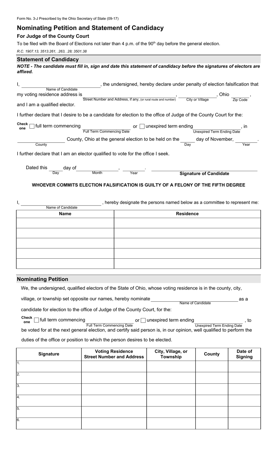 Form 3-J Nominating Petition and Statement of Candidacy for Judge of the County Court - Ohio, Page 1
