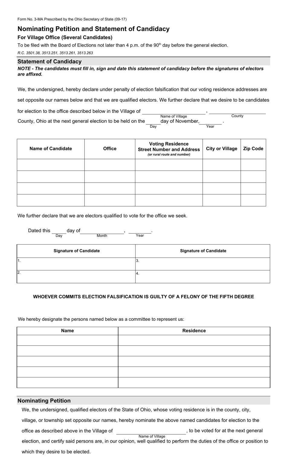 Form 3-MA Nominating Petition and Statement of Candidacy for Village Office (Several Candidates) - Ohio, Page 1