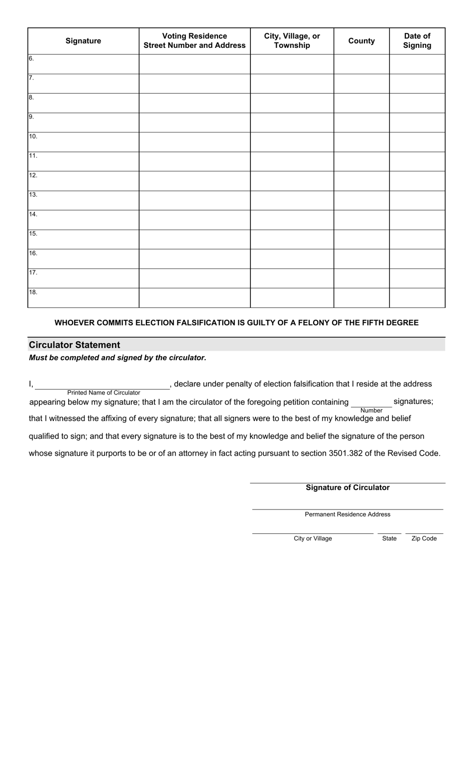 Form 3-O Nominating Petition and Statement of Candidacy for Nonpartisan Office Municipal Office - Ohio, Page 2