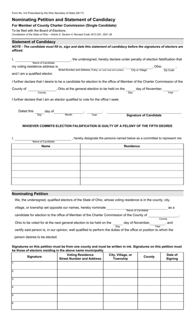 Form 3-K Nominating Petition and Statement of Candidacy for Member of County Charter Commission (Single Candidate) - Ohio
