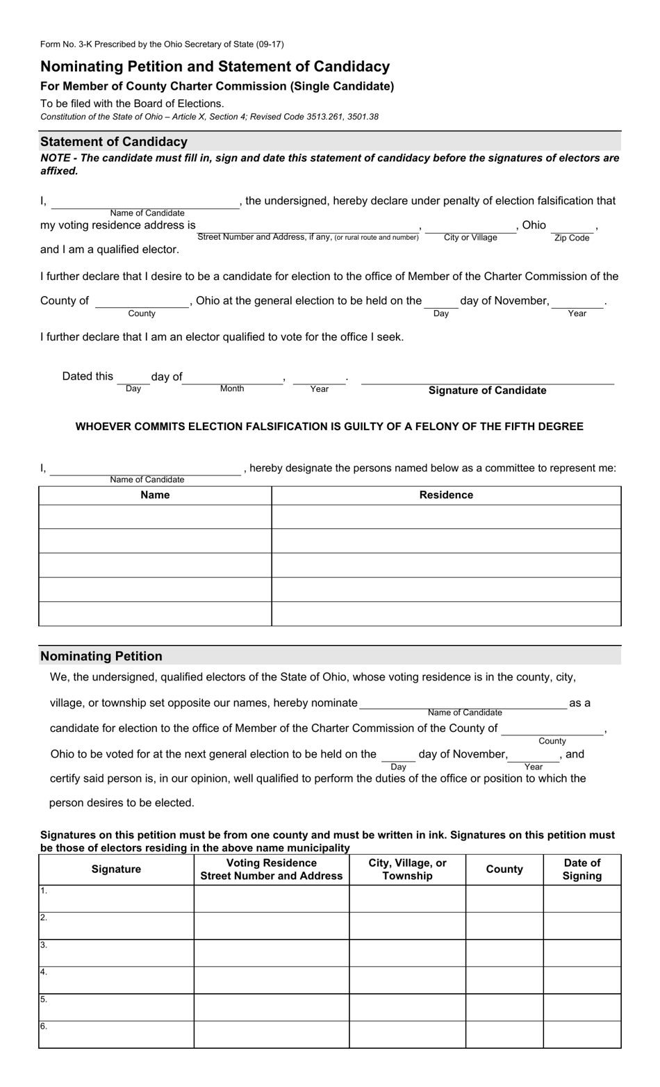Form 3-K Nominating Petition and Statement of Candidacy for Member of County Charter Commission (Single Candidate) - Ohio, Page 1