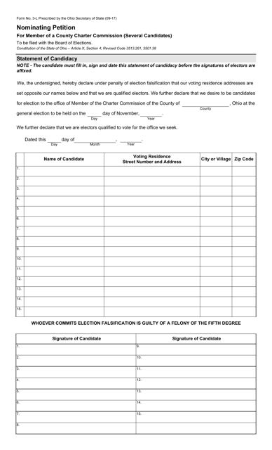 Form 3-L Nominating Petition for Member of a County Charter Commission (Several Candidates) - Ohio