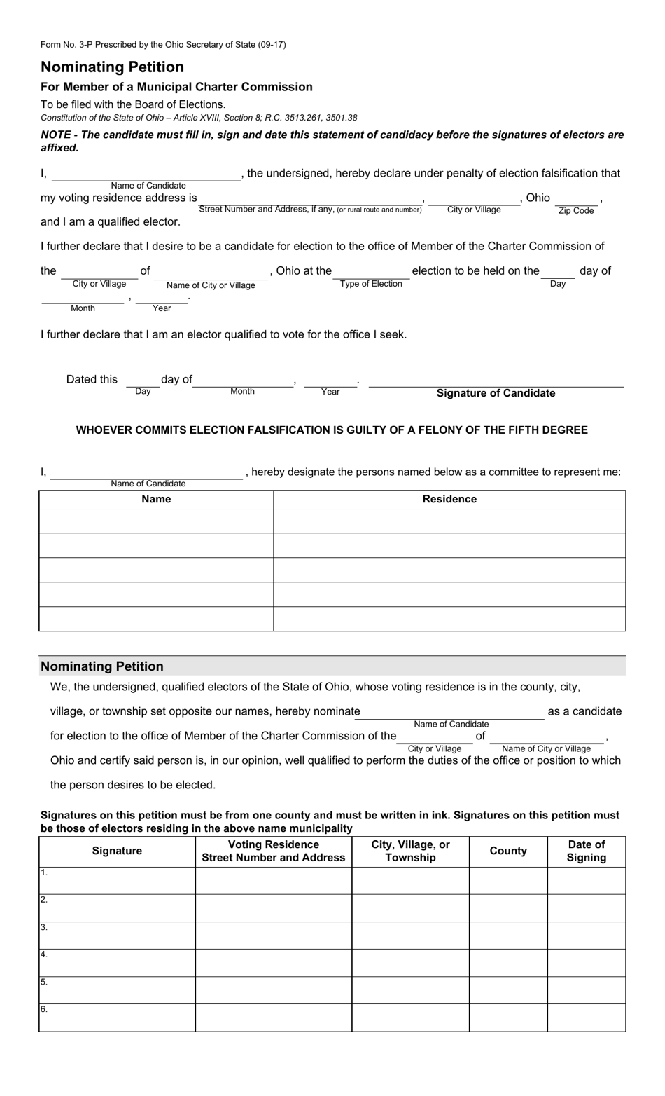 Form 3-P Nominating Petition for Member of a Municipal Charter Commission - Ohio, Page 1