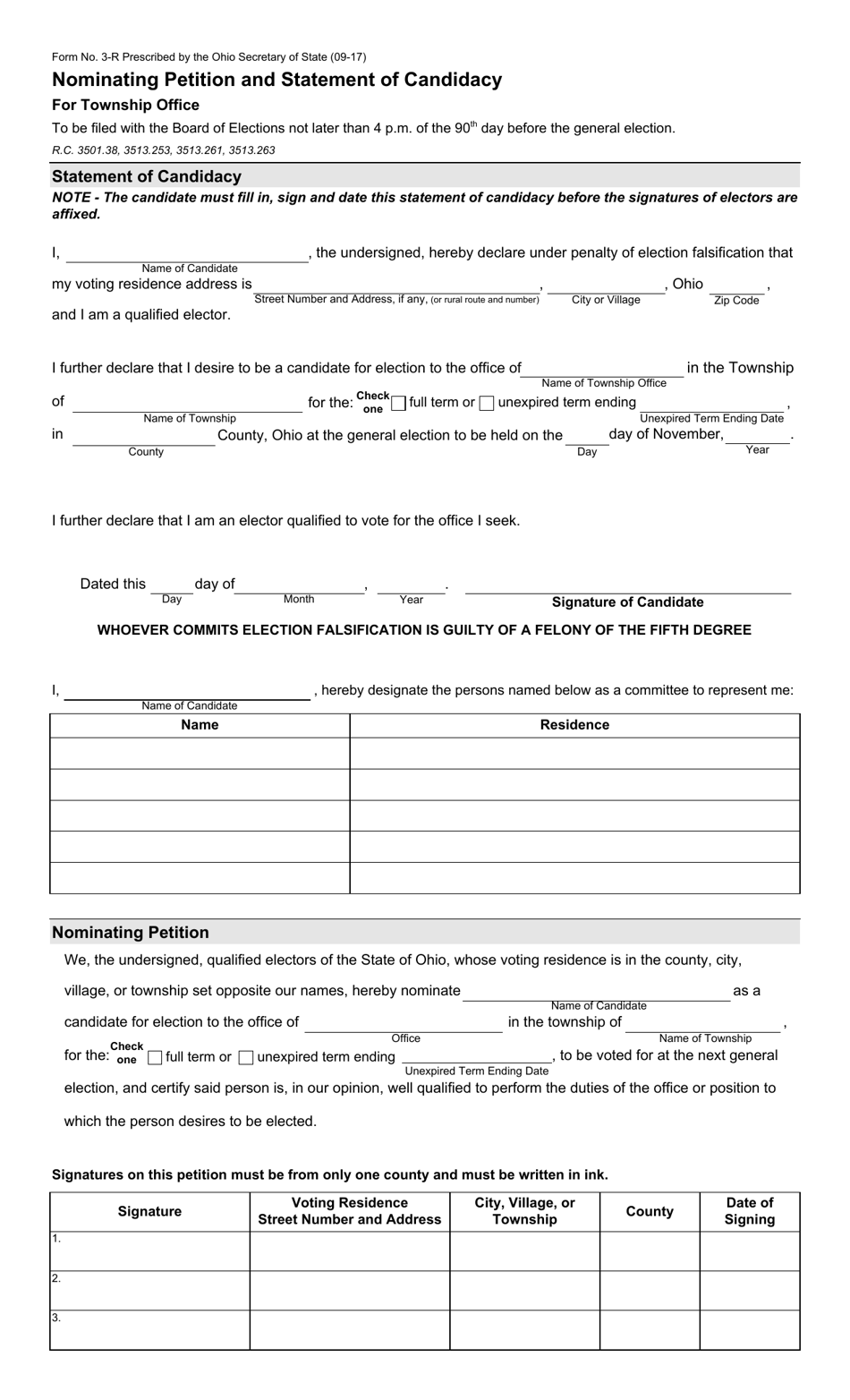 Form 3-R Nominating Petition and Statement of Candidacy for Township Office - Ohio, Page 1
