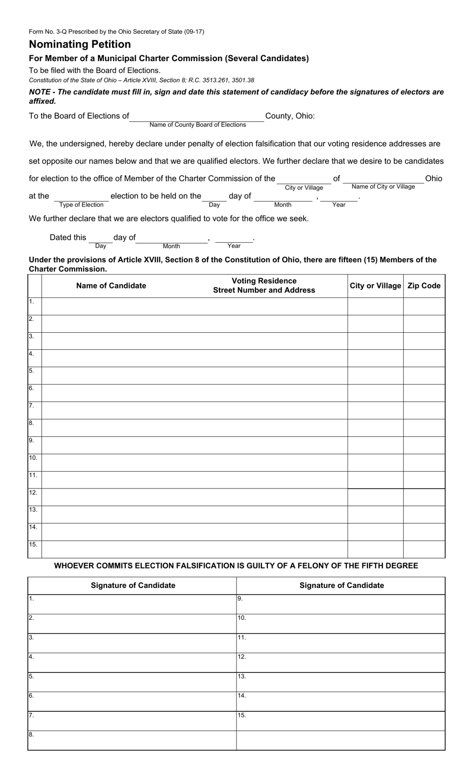 Form 3-Q Nominating Petition for Member of a Municipal Charter Commission (Several Candidates) - Ohio, Page 1
