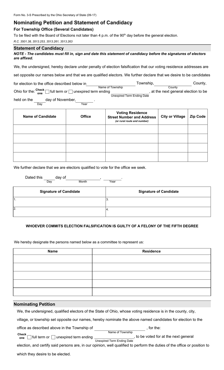 Form 3-S Nominating Petition and Statement of Candidacy for Township Office (Several Candidates) - Ohio, Page 1
