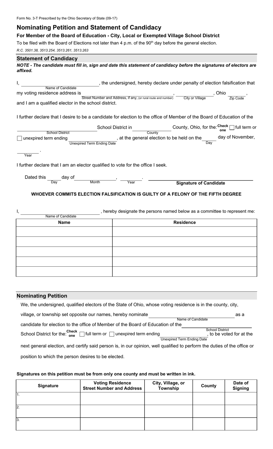 Form 3-T Nominating Petition and Statement of Candidacy for Member of the Board of Education - City, Local or Exempted Village School District - Ohio, Page 1