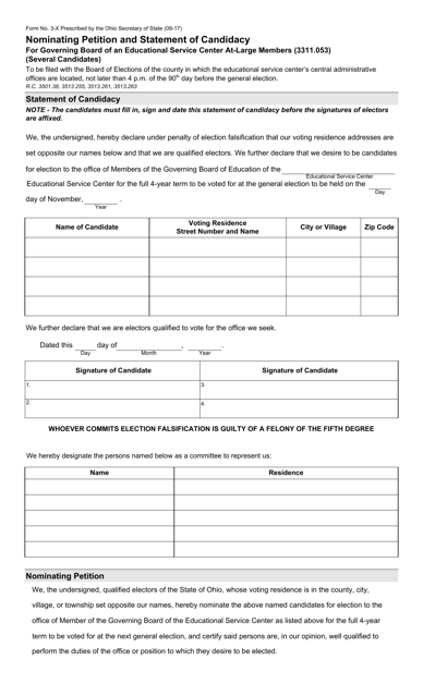 Form 3-X Nominating Petition and Statement of Candidacy for Governing Board of an Educational Service Center at-Large Members (3311.053) (Several Candidates) - Ohio