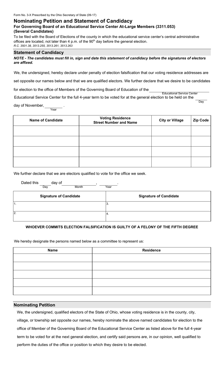Form 3-X Nominating Petition and Statement of Candidacy for Governing Board of an Educational Service Center at-Large Members (3311.053) (Several Candidates) - Ohio, Page 1