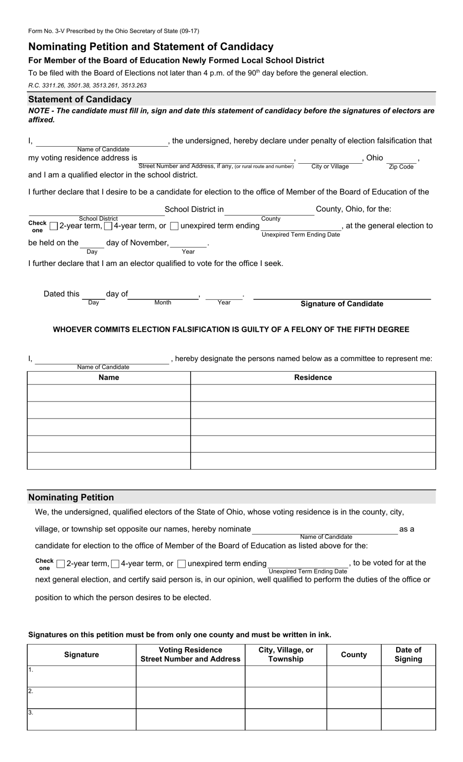 Form 3-V Nominating Petition and Statement of Candidacy for Member of the Board of Education Newly Formed Local School District - Ohio, Page 1