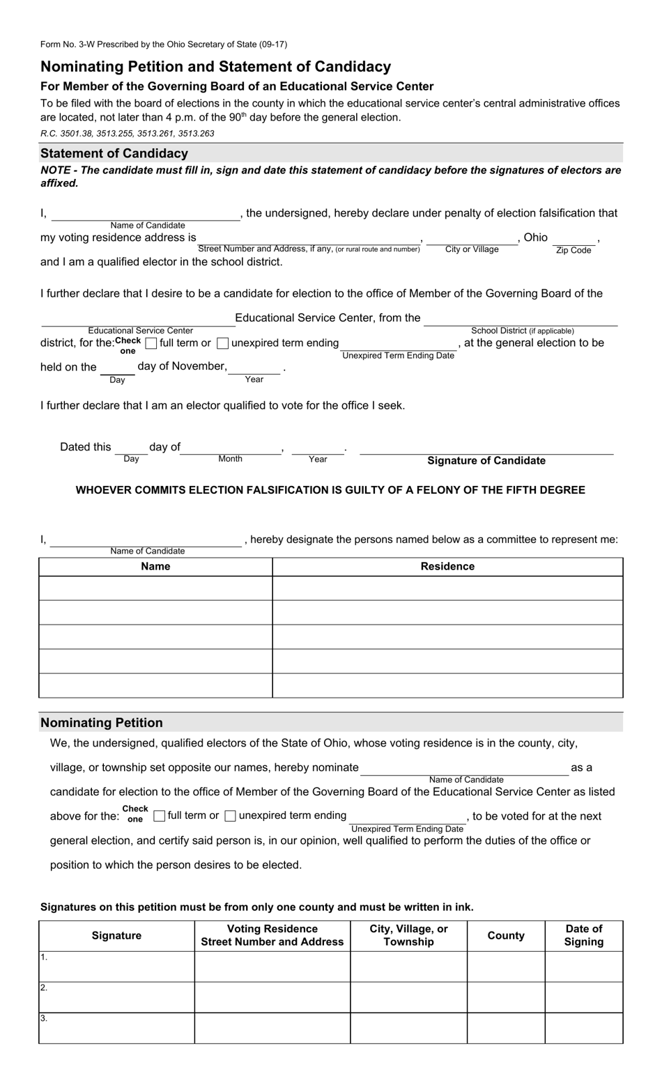 Form 3-W Nominating Petition and Statement of Candidacy for Member of the Governing Board of an Educational Service Center - Ohio, Page 1