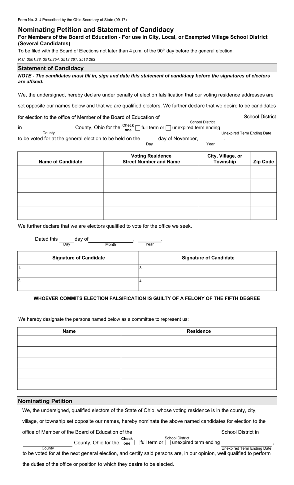 Form 3-U Nominating Petition and Statement of Candidacy for Members of the Board of Education - for Use in City, Local, or Exempted Village School District (Several Candidates) - Ohio, Page 1