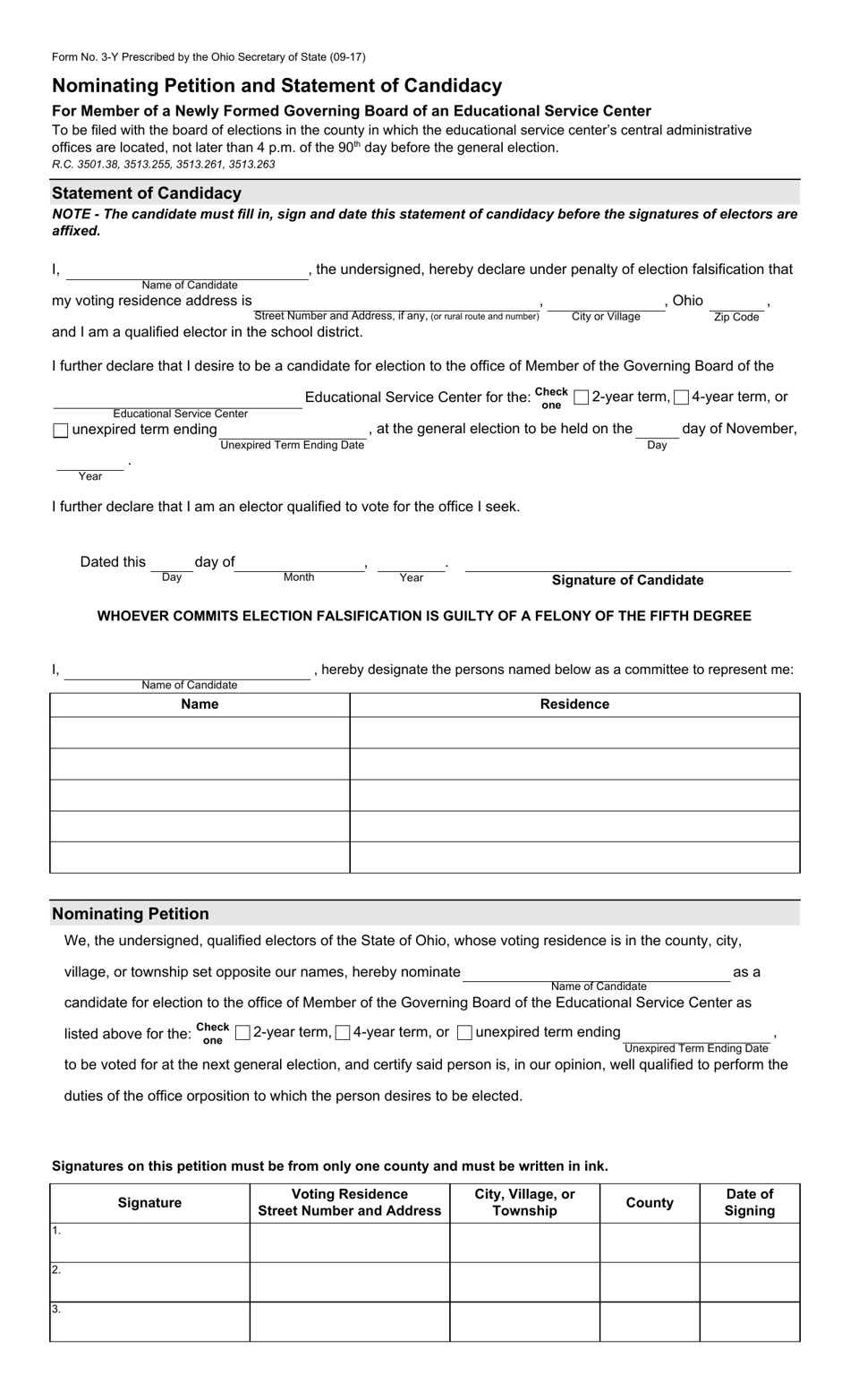 Form 3-Y Nominating Petition and Statement of Candidacy for Member of a Newly Formed Governing Board of an Educational Service Center - Ohio, Page 1
