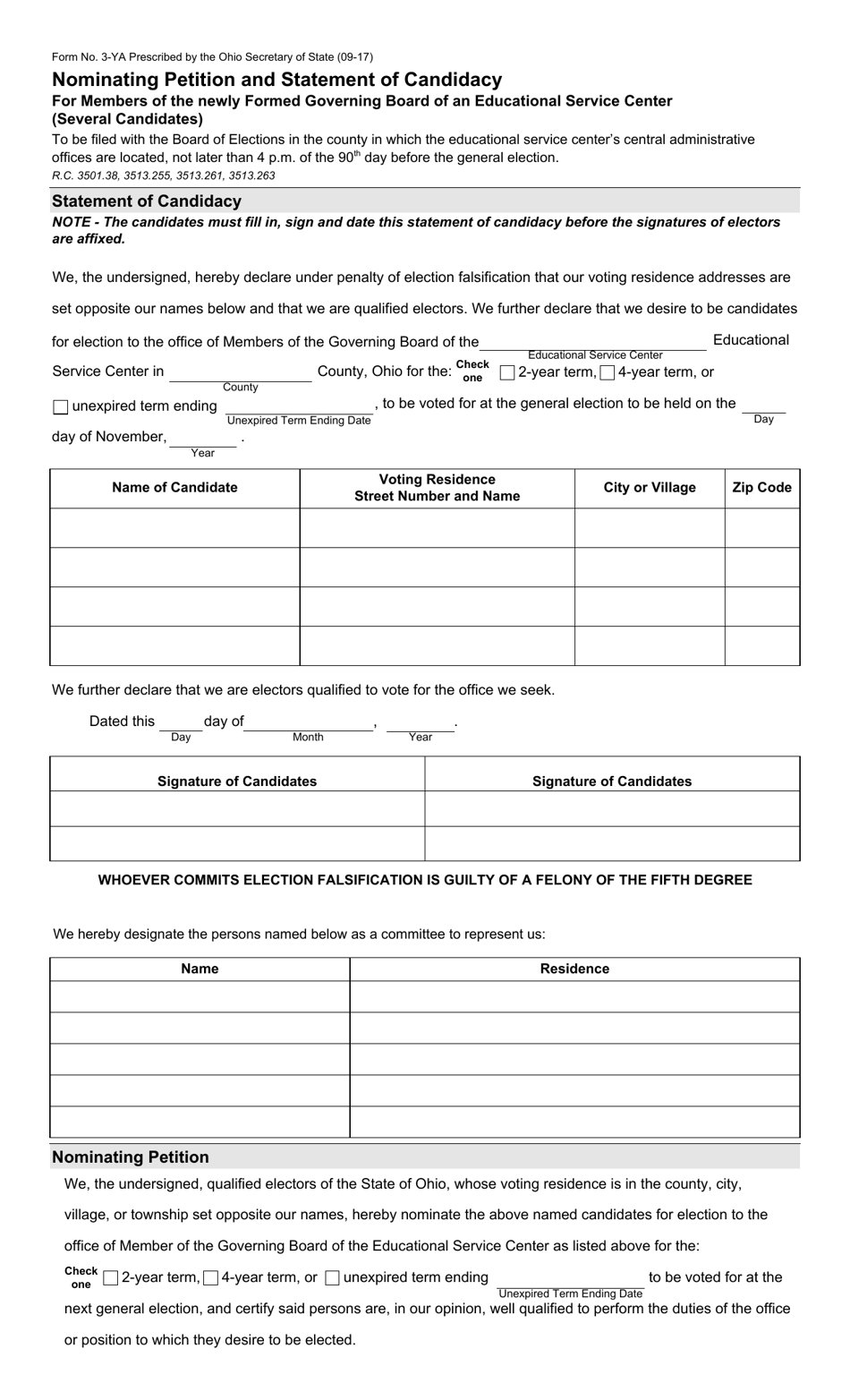 Form 3-YA Nominating Petition and Statement of Candidacy for Members of the Newly Formed Governing Board of an Educational Service Center (Several Candidates) - Ohio, Page 1