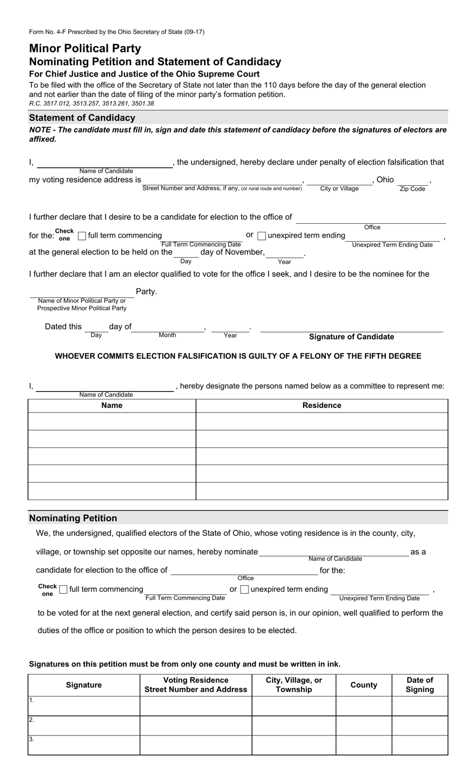 Form 4-F Minor Political Party Nominating Petition and Statement of Candidacy for Chief Justice and Justice of the Ohio Supreme Court - Ohio, Page 1