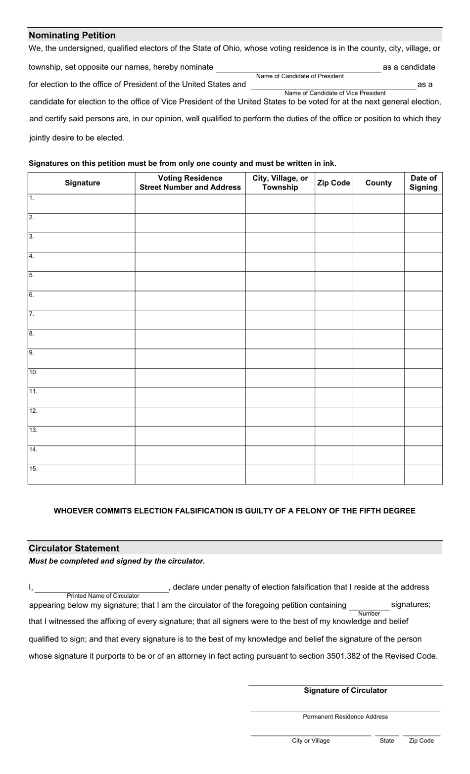 Form 4-C Minor Political Party Nominating Petition and Statement of Candidacy for President and Vice President of the United States - Ohio, Page 2