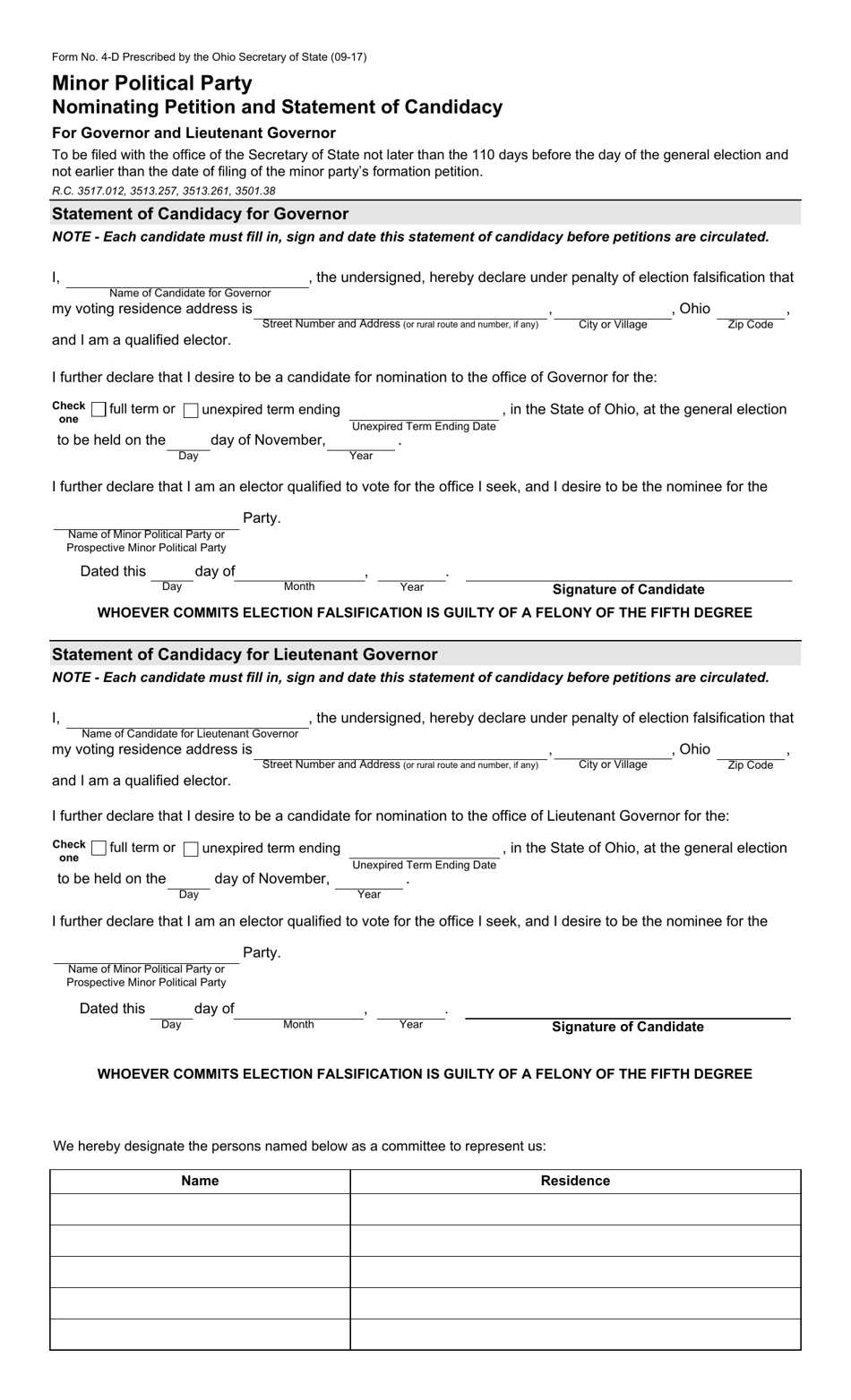 Form 4-D Minor Political Party Nominating Petition and Statement of Candidacy for Governor and Lieutenant Governor - Ohio, Page 1