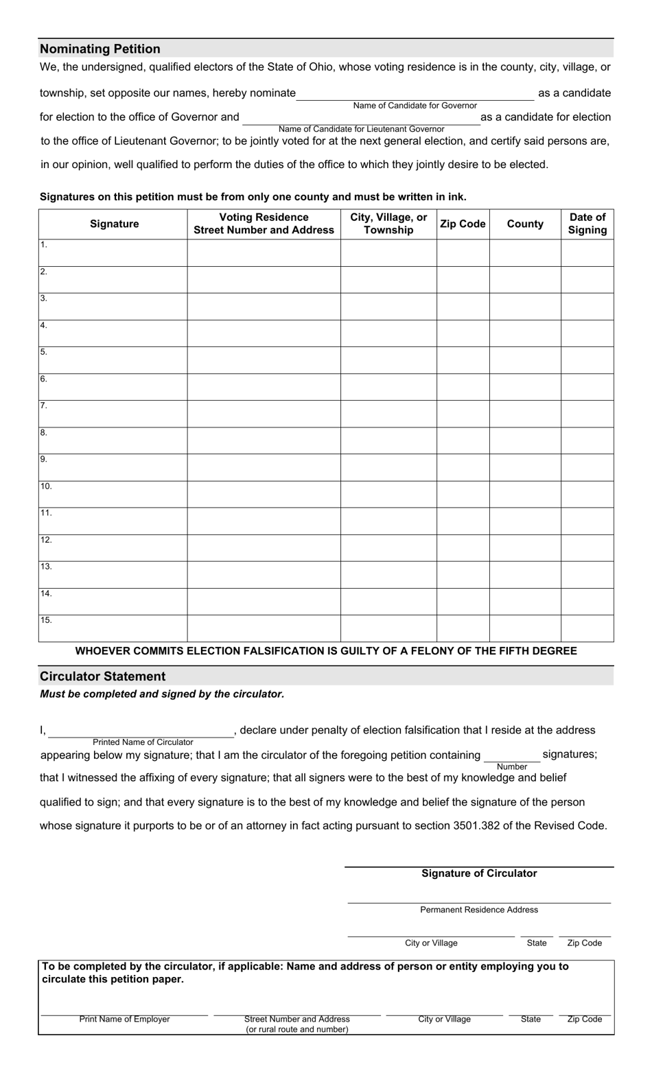 Form 4-D Minor Political Party Nominating Petition and Statement of Candidacy for Governor and Lieutenant Governor - Ohio, Page 2