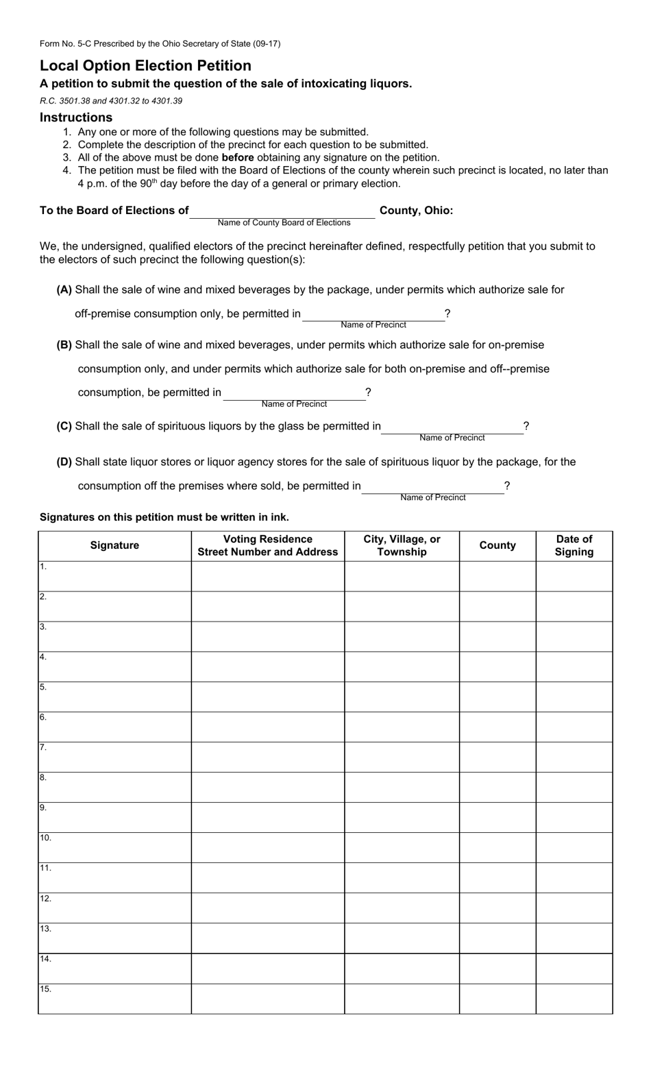 Form 5-C Local Option Election Petition - Ohio, Page 1