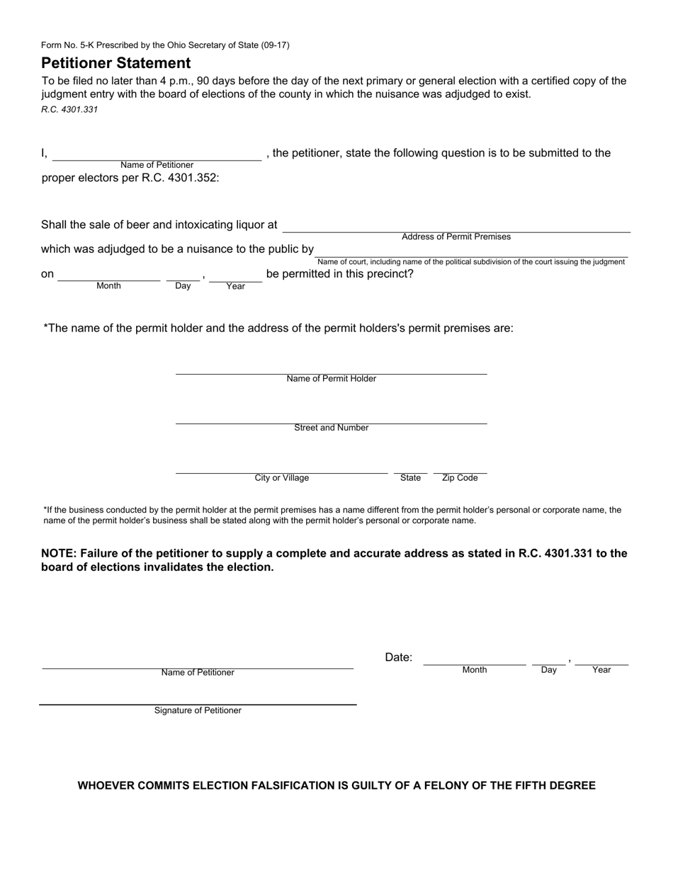 Form 5-K Petitioner Statement - Ohio, Page 1