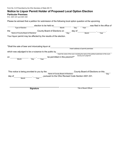 Form 5-O Notice to Liquor Permit Holder of Proposed Local Option Election - Particular Premises - Ohio