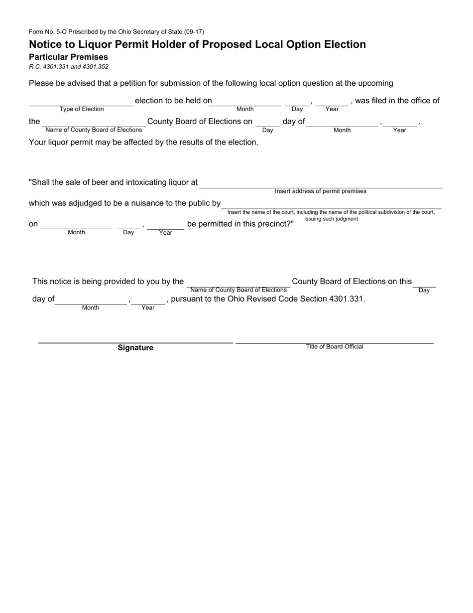 Form 5-O Notice to Liquor Permit Holder of Proposed Local Option Election - Particular Premises - Ohio, Page 1