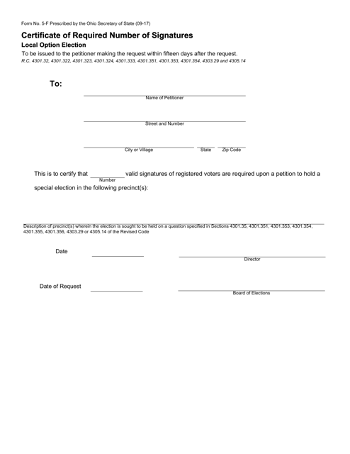 Form 5-F Certificate of Required Number of Signatures - Local Option Election - Ohio